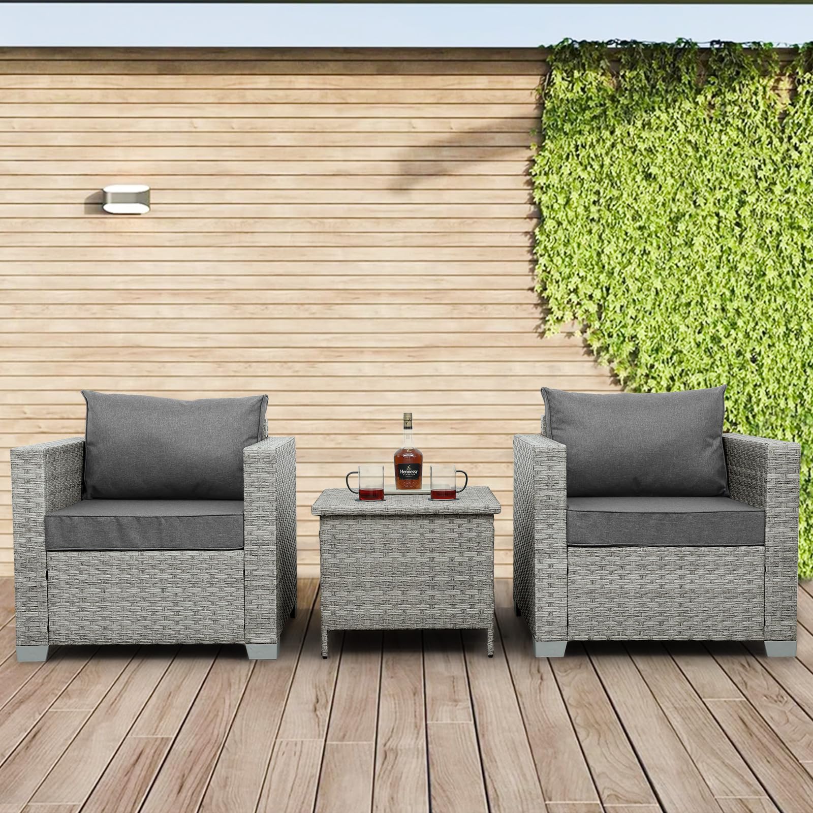 WAROOM Outdoor Sofa Wicker Patio Chairs Set of 2, Porch Single Chair Grey Rattan Deep Seating Armchair Balcony Furniture with Grey Cushion