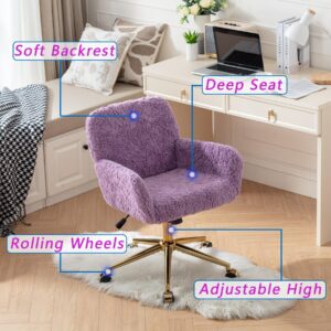 thctvous Purple Vantiy Desk Chair Comfy, Sherpa Makeup Vanity Chair with Back and Rolling Wheels for Bedroom Home Office,Adjustable High Gold Feet,Artificial Rabbit Hair