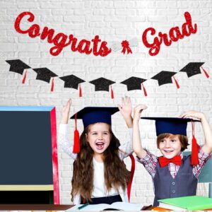 Glitter Red Congrats Grad Decorations Banner Graduation Decorations Class of 2024 banner Red and Black Glitter Congrats Grad Graduation with Tassel Party Decor College High School Graduation Party Favors