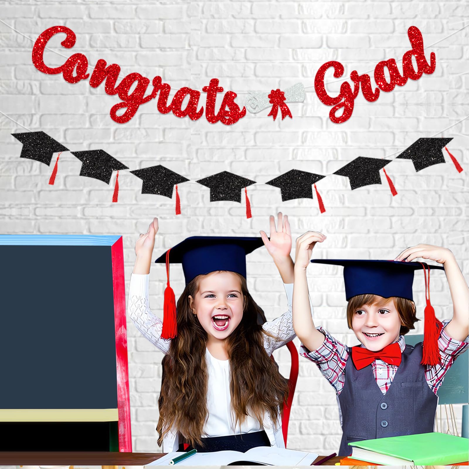 Glitter Red Congrats Grad Decorations Banner Graduation Decorations Class of 2024 banner Red and Black Glitter Congrats Grad Graduation with Tassel Party Decor College High School Graduation Party Favors