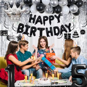 Black and Silver 15th Birthday Decorations for Boys Girls, Black and White 15th Birthday Party Decorations for Boys Girls, Black Silver Happy Birthday Banner Balloons Fringe Curtains Table Cloths