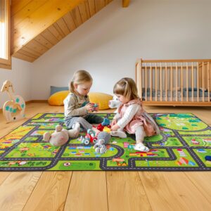 Nisorpa Car Rug 6.5×5 Ft, DIY Track Playmat Rug City Life Traffic Road Map Fun Carpet Area Rug, Player Car Rug for Playroom Bedroom Living Room Classroom