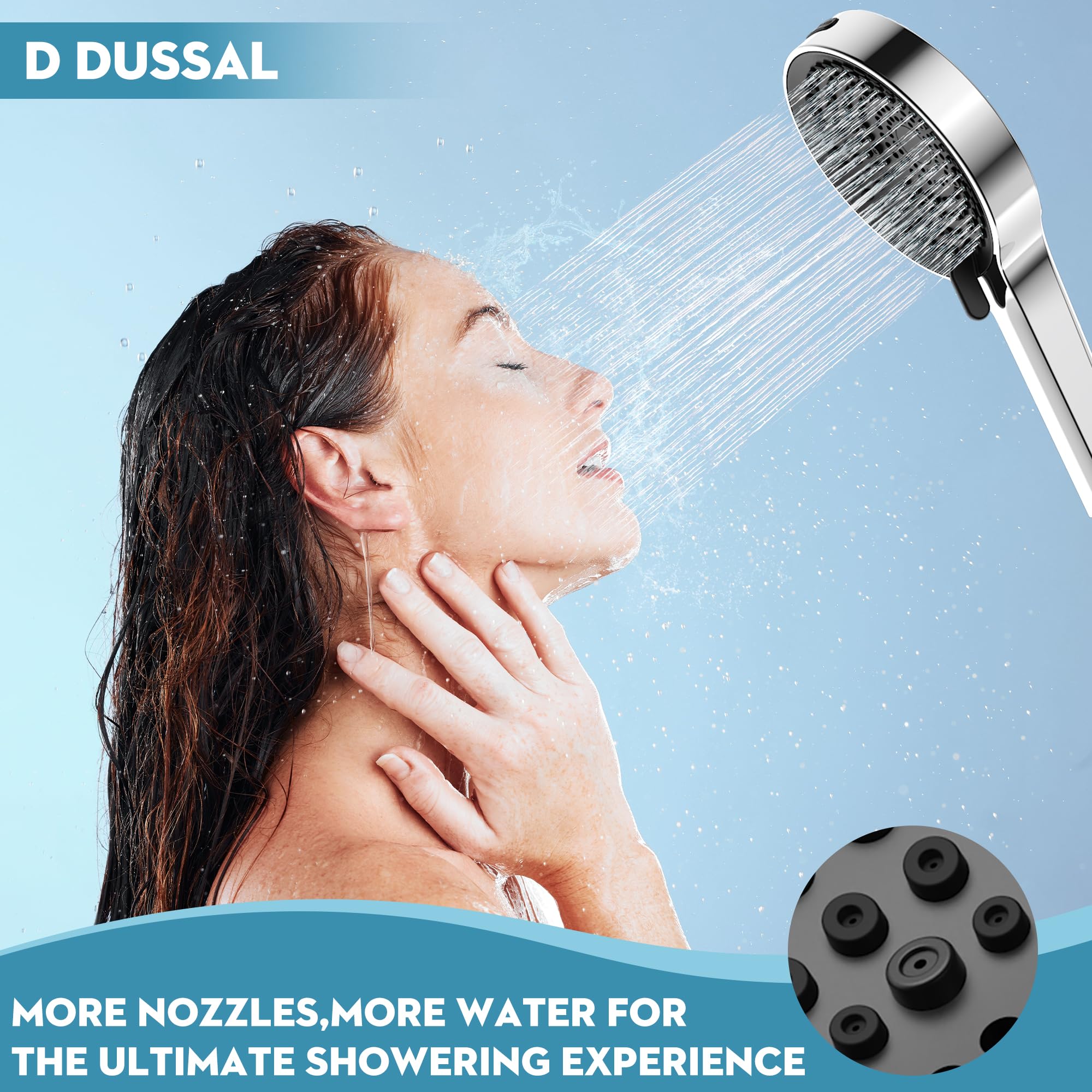 D DUSSAL Handheld Shower Head, High Pressure 7-mode Shower Head, Hand Held Shower Head, 202 Anti-clogging Silicone Nozzles, Built-in Power Wash to Clean Tub, Clean Corner,Tile & Pets - Chrome