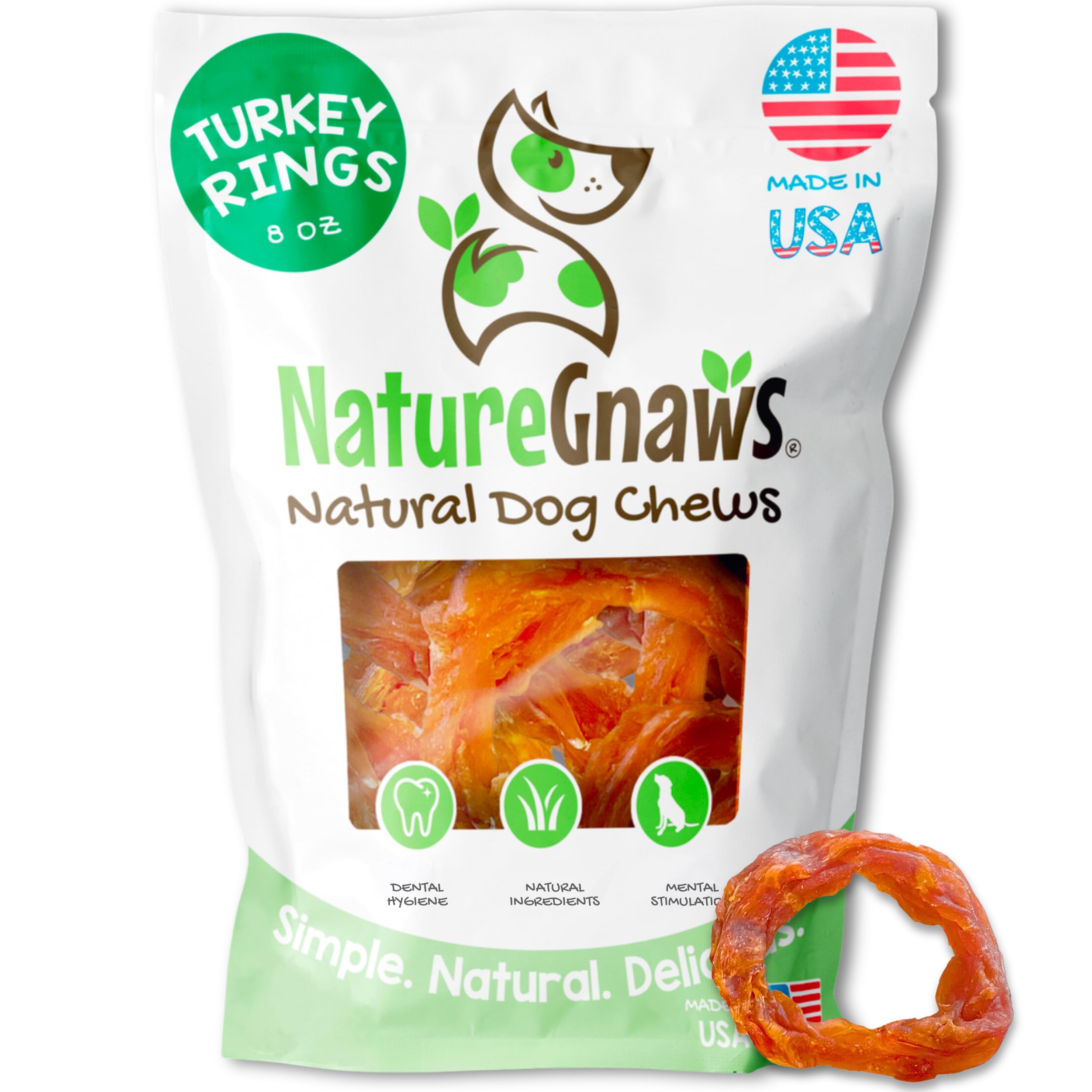 Nature Gnaws USA Turkey Tendon Rings for Dogs (8oz) - Delicious Grain Free Reward Snack for Small, Medium & Large Breeds - Premium Natural Dog Chew Treats