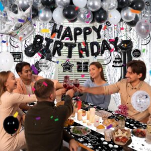 Black and Silver 21st Birthday Decorations for Him Her, Black and White 21 Birthday Party Decorations for Men Boys, Black Silver Happy 21st Birthday Banner Balloons Fringe Curtains Table Cloths Women