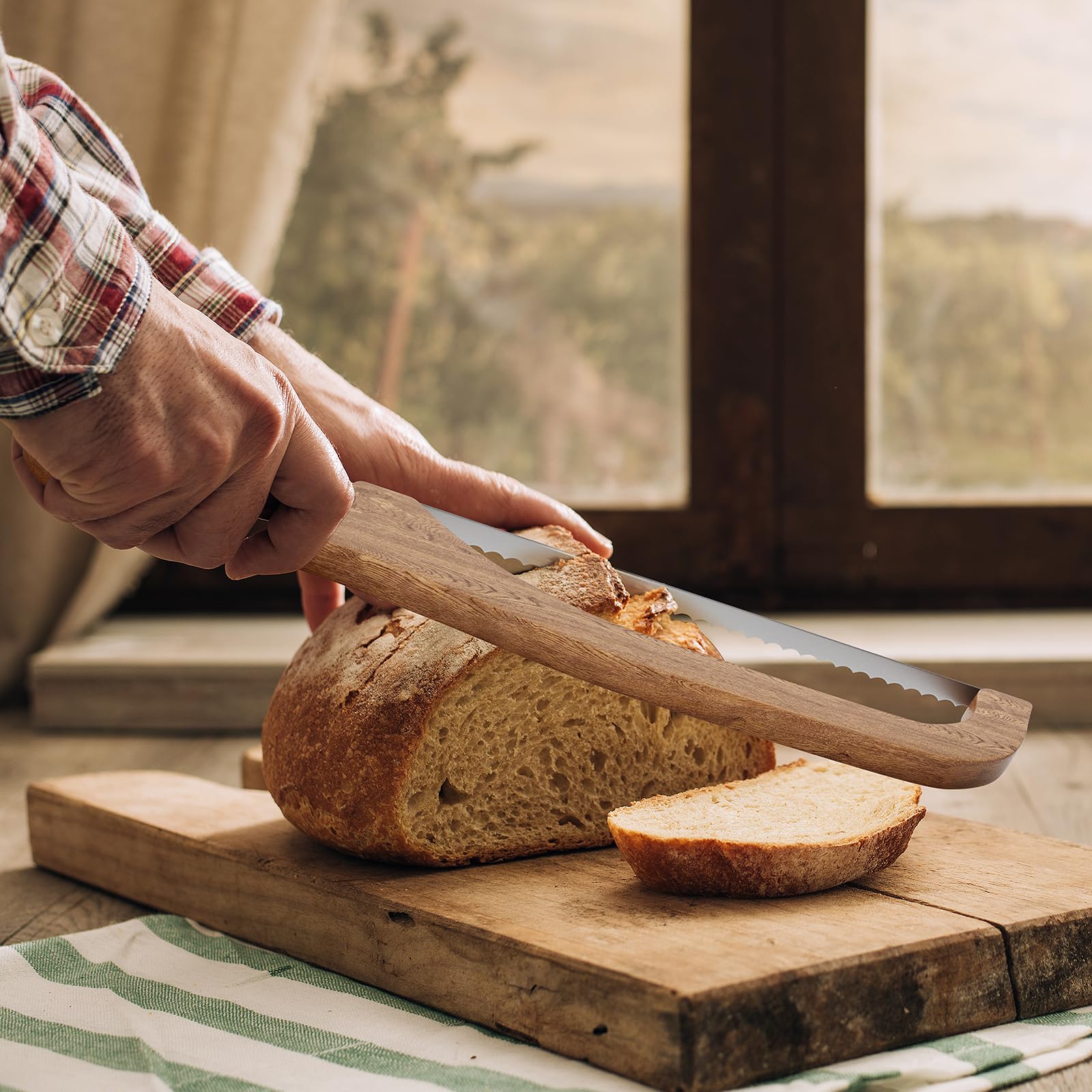 kaiqiber Bread Knife for Homemade Bread,Wooden Bread Bow Knife,suitable for sour bread and homemade bread-Bow shaped design-16 Wooden Serrated Bread SlicerKnife-Premium Stainless Steel