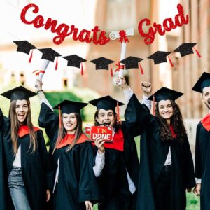 Glitter Red Congrats Grad Decorations Banner Graduation Decorations Class of 2024 banner Red and Black Glitter Congrats Grad Graduation with Tassel Party Decor College High School Graduation Party Favors