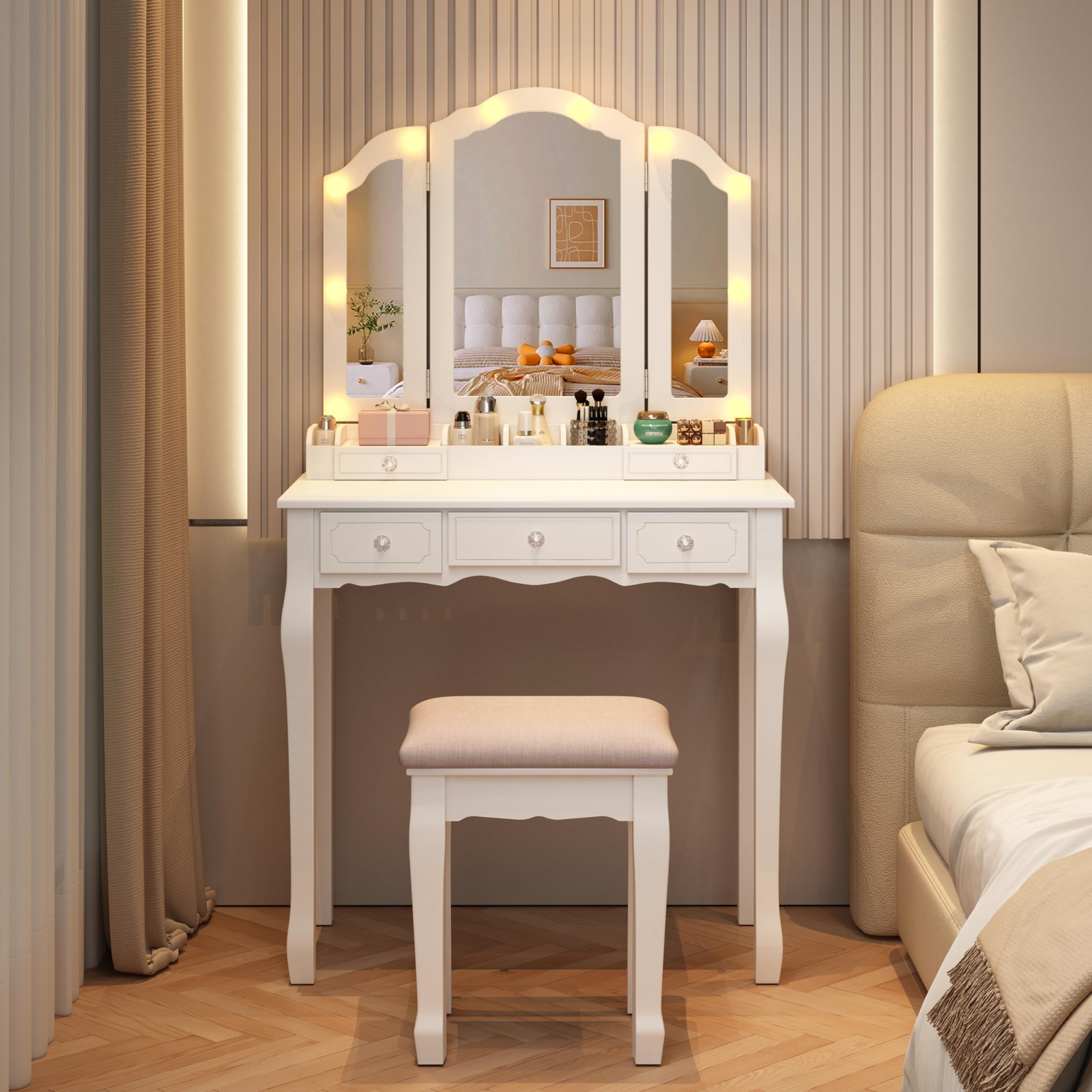 BLEXA White Makeup Vanity Table Set Vanity Desk with Light and Mirror Vanity Table with Drawers and Cushioned Stool Makeup Table with Mirror for Women and Girls(White) ﻿