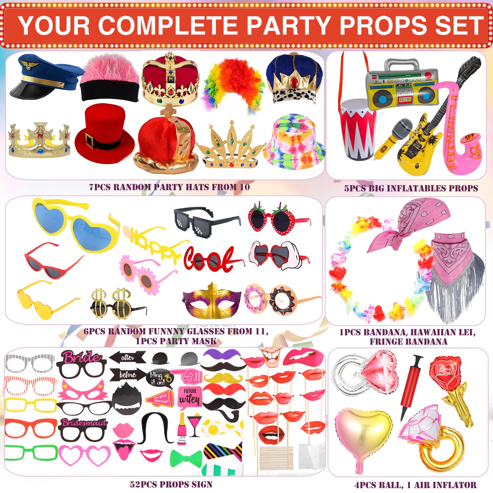 Bulk Opulent Photo Booth Props Set for Adult, Novelty Funny Hats and Glasses, Colorful Wig, Inflatable, Phtot Booth Props Kit for Graduation, Wedding, Birthday, Bachelorette and All Occasions