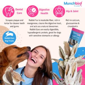 Munchbird Dehydrated Rabbit Ears (3.5 oz, 12-15 Counts) for Dogs & Cats, European Furry Rabbit Ear Natural Fiber for Dogs, Rawhide Free Alternative to Pig Ears for Dogs, Ear Size Varies