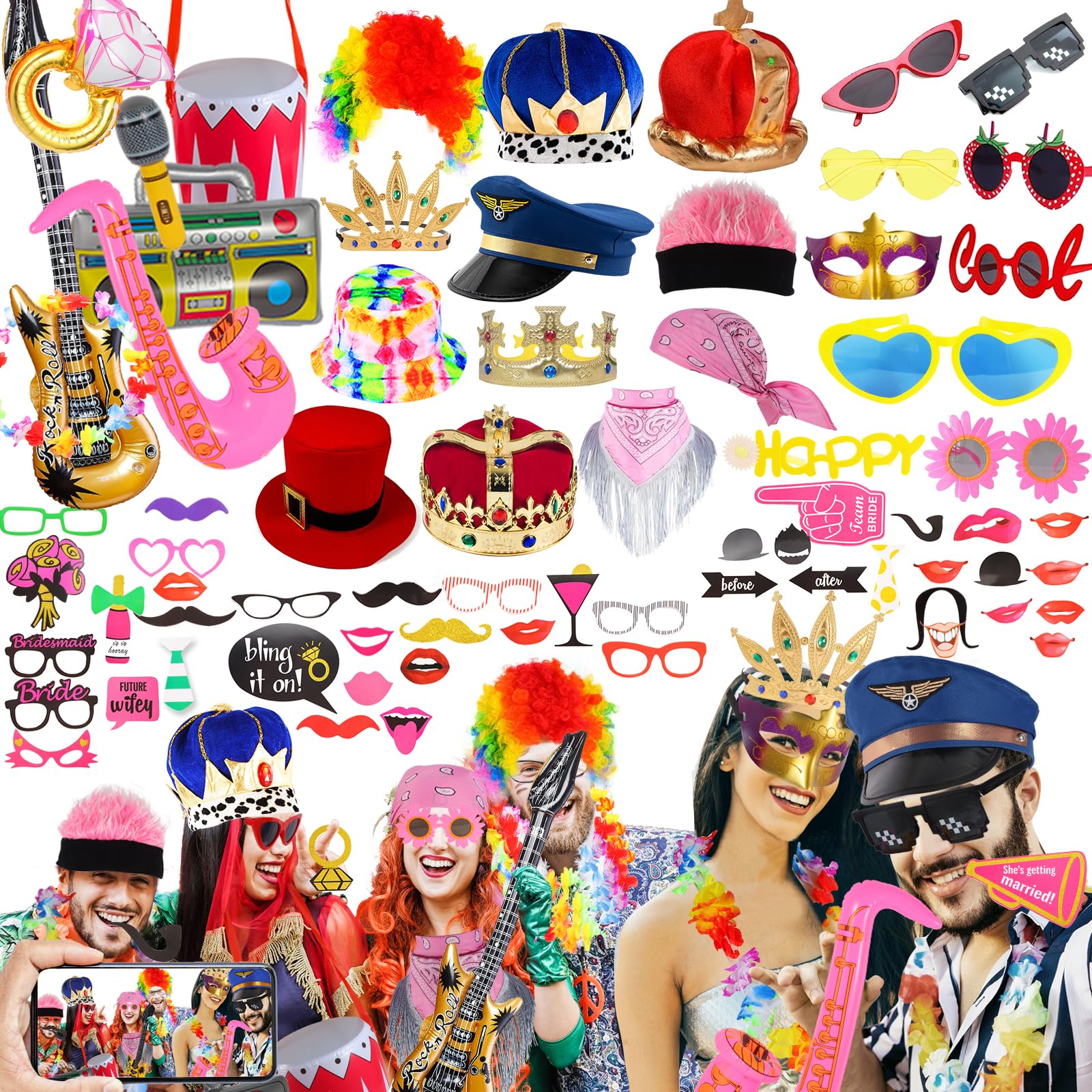 Bulk Opulent Photo Booth Props Set for Adult, Novelty Funny Hats and Glasses, Colorful Wig, Inflatable, Phtot Booth Props Kit for Graduation, Wedding, Birthday, Bachelorette and All Occasions