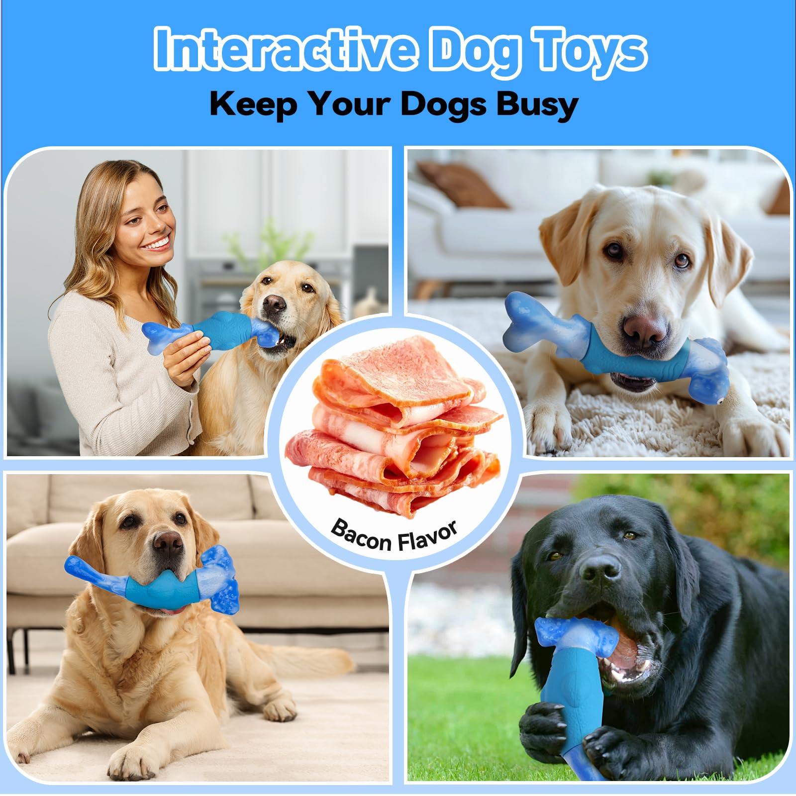 BIKIISEN Dog Toys for Aggressive Chewers, Interactive Dog Chew Toys for Large Dogs, Indestructible Squeaky Dog Toys to Keep Them Busy, Tough Dog Toys for Medium/Large Breed Dogs Blue