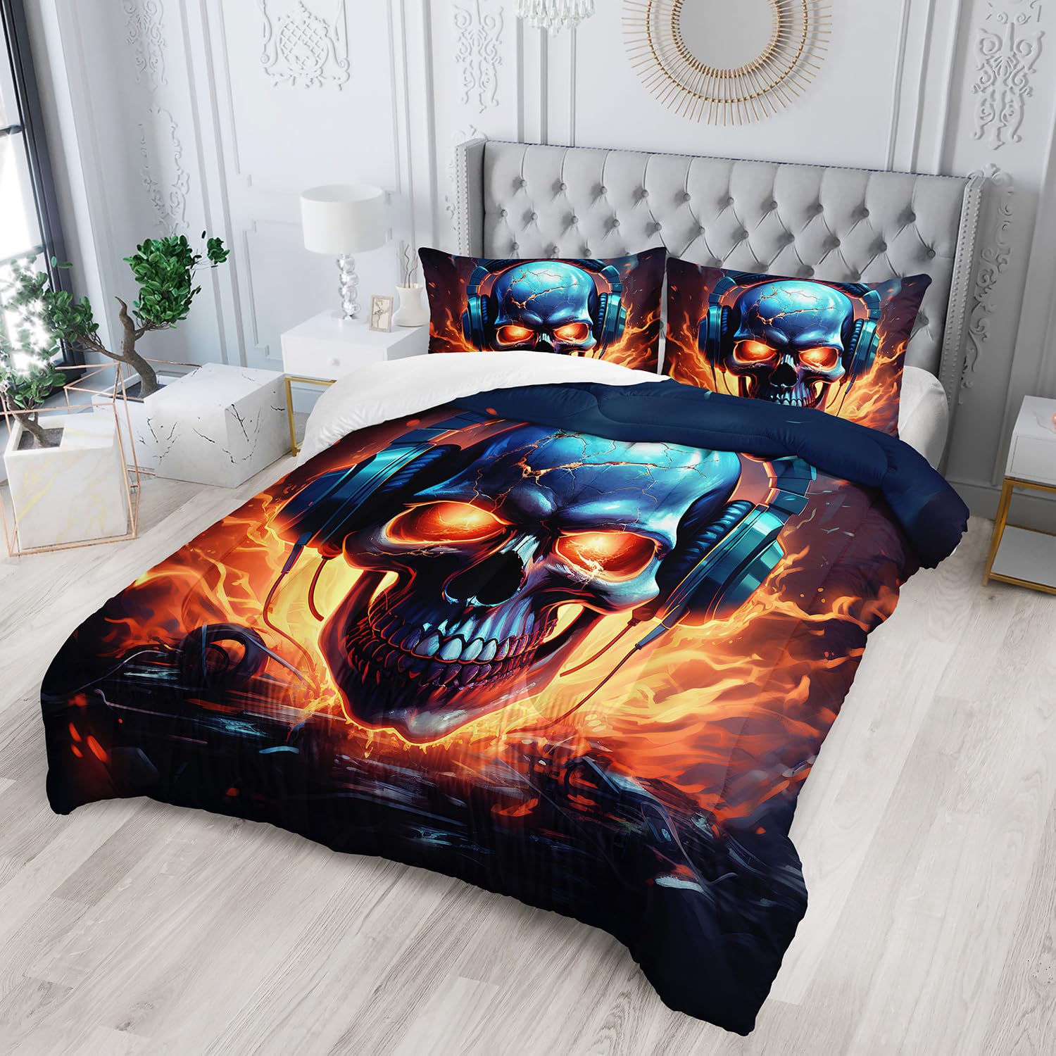 AILONEN 3D Skull Comforter Set Full Size, Music Headset Skull Skeleton Bedding Set,Fire Skull Bed in a Bag for Boys Teen,Hip Hop Skull Comforter with 2 Pillowcases