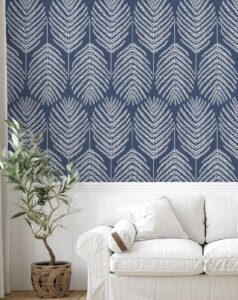 fititem blue wallpaper peel and stick wallpaper 393”×17.3” coastal modern boho contact paper for cabinet dark blue leaf wallpaper for bedroom removable self-adhesive waterproof wallpaper for bathroom