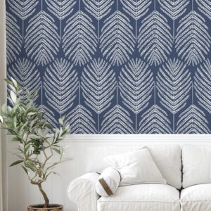 Fititem Blue Wallpaper Peel and Stick Wallpaper 393”×17.3” Coastal Modern Boho Contact Paper for Cabinet Dark Blue Leaf Wallpaper for Bedroom Removable Self-Adhesive Waterproof Wallpaper for Bathroom