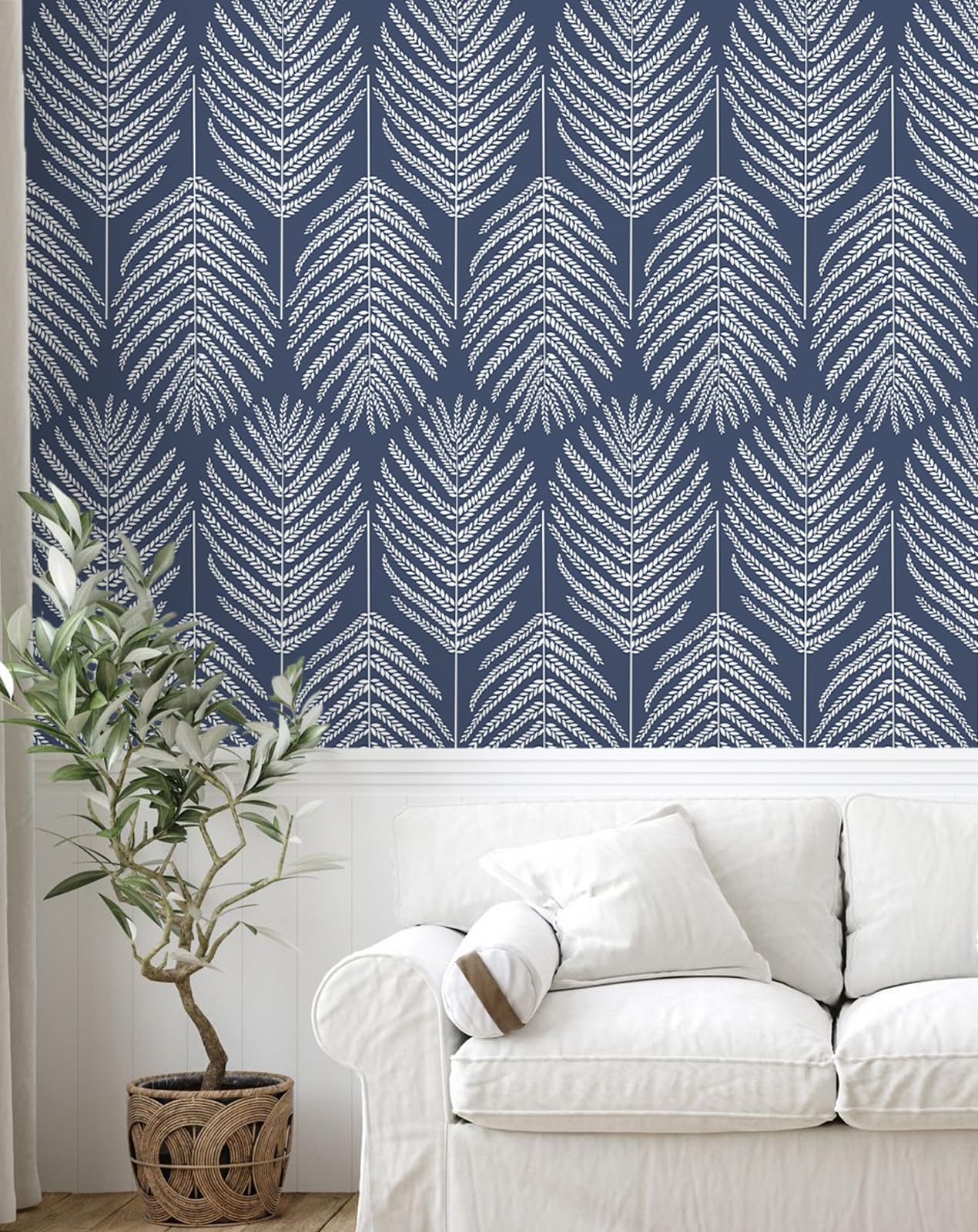 Fititem Blue Wallpaper Peel and Stick Wallpaper 393”×17.3” Coastal Modern Boho Contact Paper for Cabinet Dark Blue Leaf Wallpaper for Bedroom Removable Self-Adhesive Waterproof Wallpaper for Bathroom