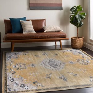 Beverly Rug Non Slip Rugs 8x10 Boho Medallion Floral Non Skid Rubber Backing Easy Silk Soft Area Rug for Living Room Easy to Clean Non Shedding Kitchen Bedroom Indoor Carpet (8 x 10 Yellow - Gray)