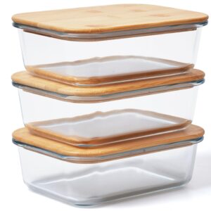 prosumer's choice glass containers with bamboo lids, 36oz - set of 3 stackable food storage with wood lids - lunch meal prep container box - made of borosilicate glass - with silicone ring