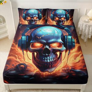 ailonen 3d skull fitted sheet set full size, music headset skull bed sheet set,3 pieces hip hop skull sheet set for boys men,fire skeleton fitted sheet with 2 pillowcases