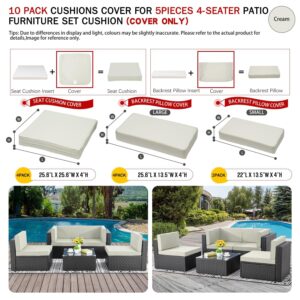 ClawsCover 10Pack Outdoor Seat and Back Cushions Replacement Covers Fit for 5 Pieces 4-Seater Wicker Rattan Furniture Patio Conversation Set Sectional Couch Chair,Cream-Include Cover Only