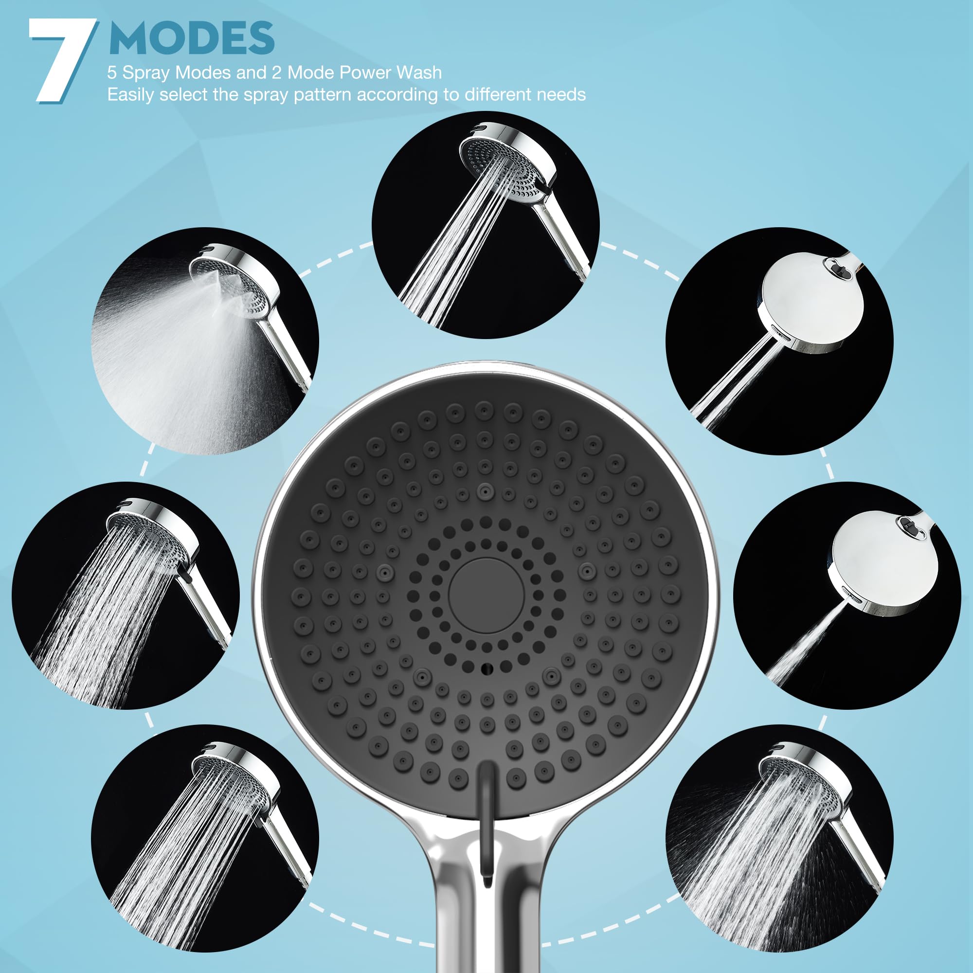 D DUSSAL Handheld Shower Head, High Pressure 7-mode Shower Head, Hand Held Shower Head, 202 Anti-clogging Silicone Nozzles, Built-in Power Wash to Clean Tub, Clean Corner,Tile & Pets - Chrome