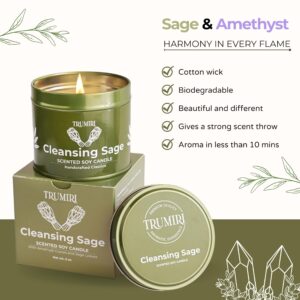 Sage Candle for Cleansing House Negative Energy Smudge Kit - 5oz Soy Wax Natural Clean Organic Non Toxic - Aromatherapy Spiritual Meditation Gifts - Long Lasting Highly Scented Candel with Crystals