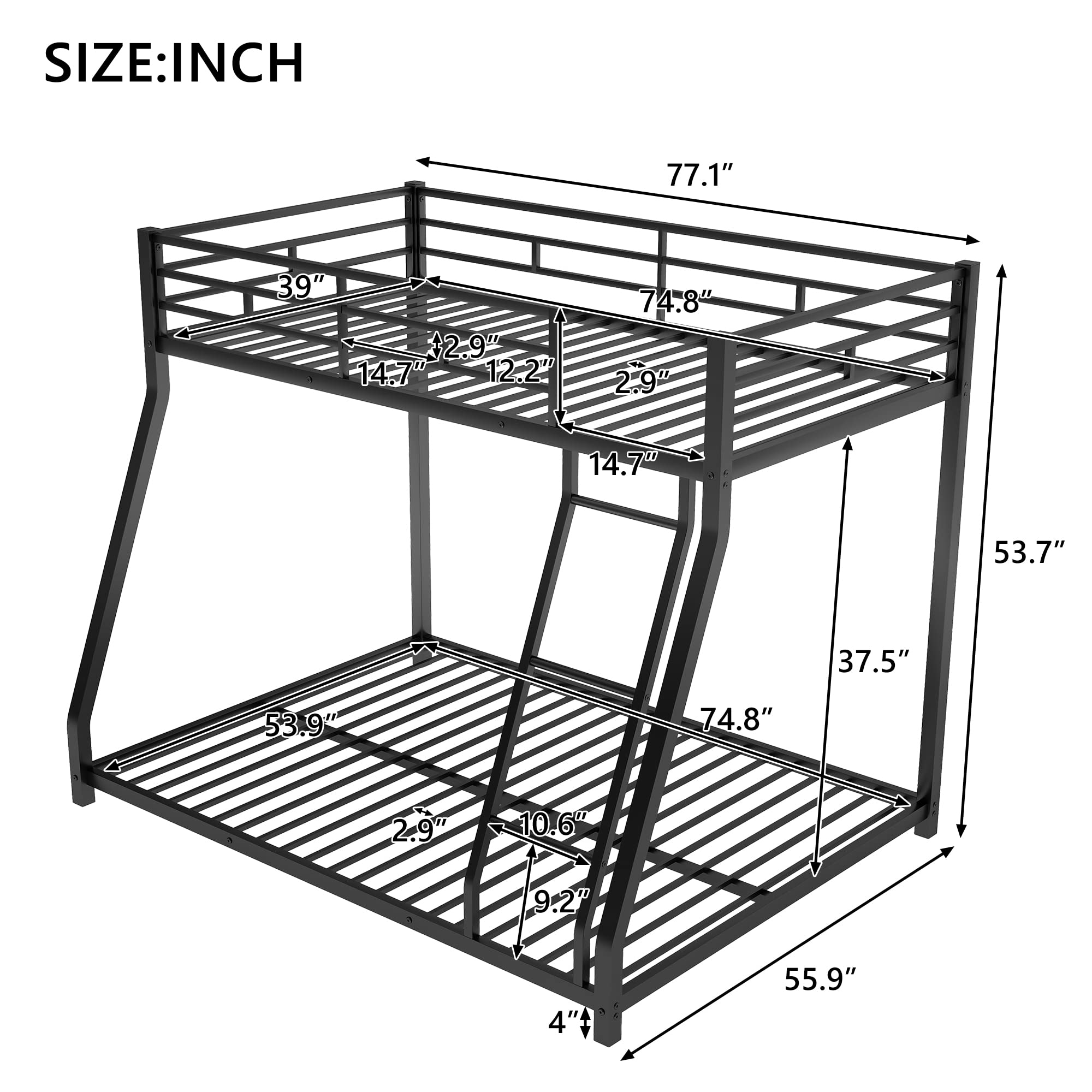 DreamBuck Metal Bunk Bed Twin Over Full, Heavy Duty Bunk Bed with Ladder & Safety Guardrail, Floor Bunk Bed for Kids Adults, Space-Saving, No Box Spring Needed,Black