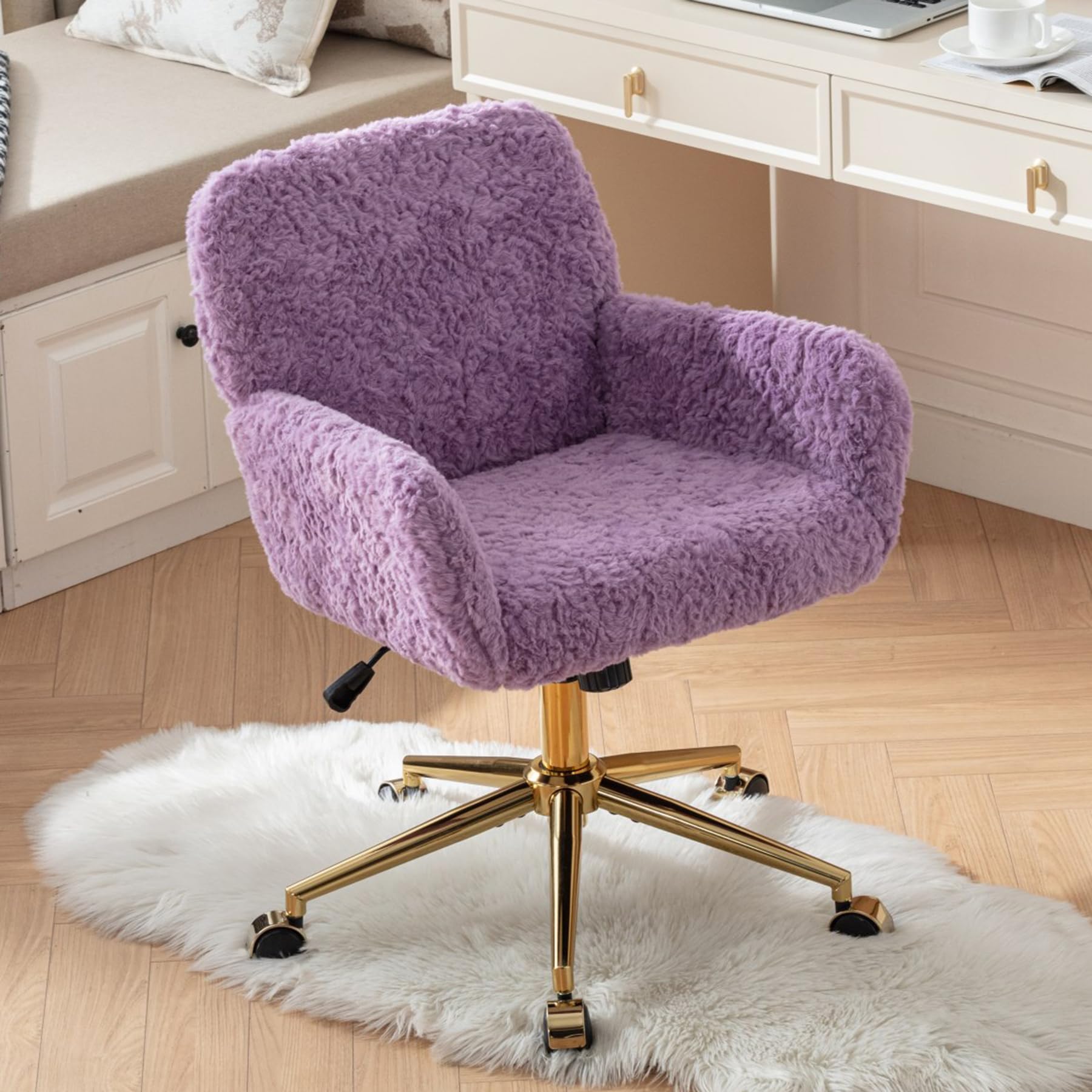 thctvous Purple Vantiy Desk Chair Comfy, Sherpa Makeup Vanity Chair with Back and Rolling Wheels for Bedroom Home Office,Adjustable High Gold Feet,Artificial Rabbit Hair