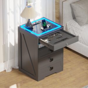 lvifur rgb nightstand with gun drawer, glass top bedside table with wireless charger station, led night stand with human sensor design, modern end table for bedroom living room (grey)