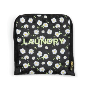 miamica foldable travel laundry bag, 35'' x 24'', black and white daisy floral motif "laundry" – lightweight, durable design with drawstring closure