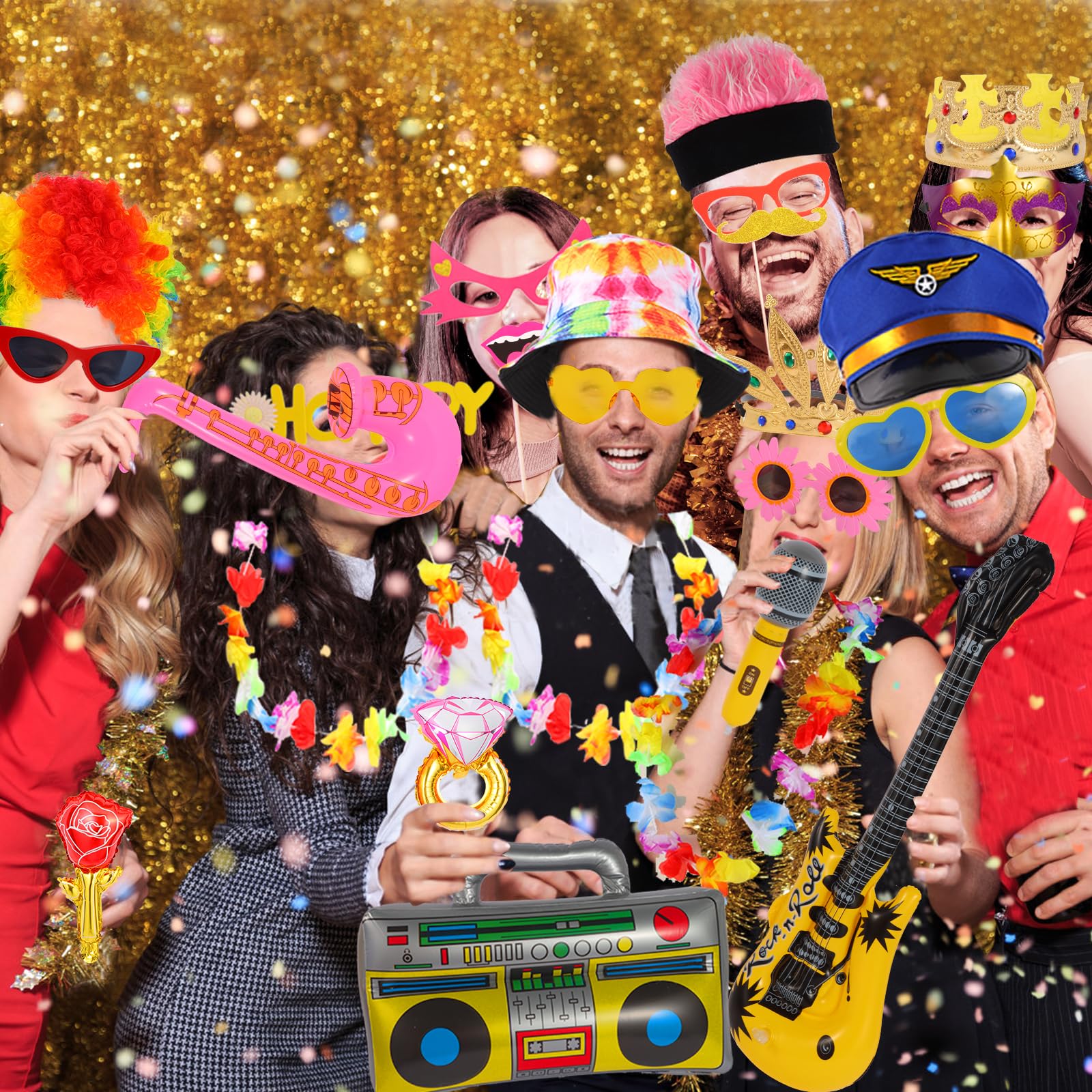 Bulk Opulent Photo Booth Props Set for Adult, Novelty Funny Hats and Glasses, Colorful Wig, Inflatable, Phtot Booth Props Kit for Graduation, Wedding, Birthday, Bachelorette and All Occasions