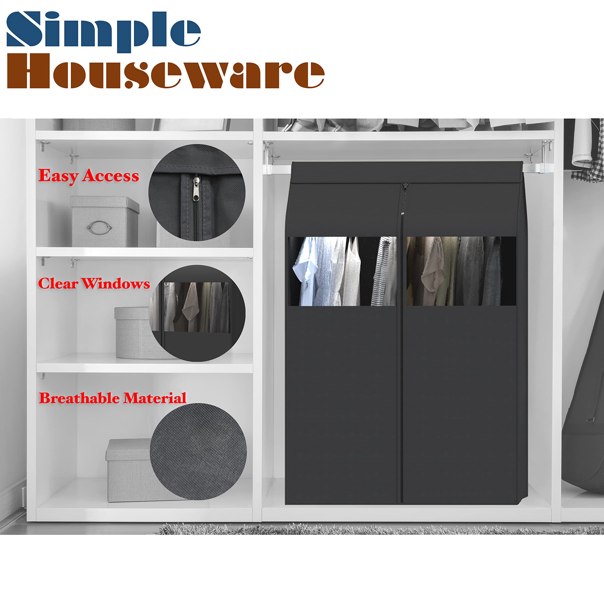 SimpleHouseware Garment Covers for Clothes Rack/Closet/Hanging Clothes, Enclosed Clear Window, Dark Grey