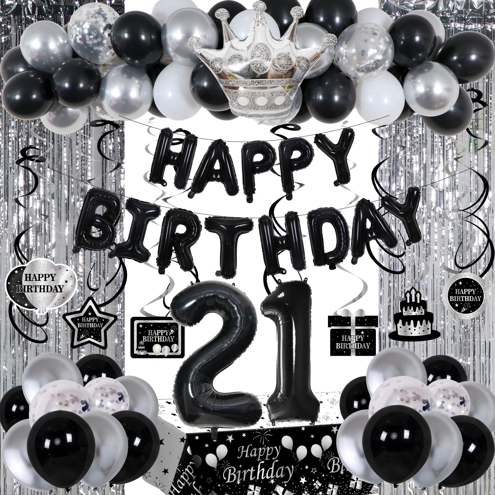 Black and Silver 21st Birthday Decorations for Him Her, Black and White 21 Birthday Party Decorations for Men Boys, Black Silver Happy 21st Birthday Banner Balloons Fringe Curtains Table Cloths Women