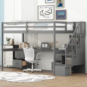 harper & bright designs twin size loft bed with storage stairs and built-in desk, wood twin loft bed with double storage drawers, space saving junior loft bed for kids girls boys, grey