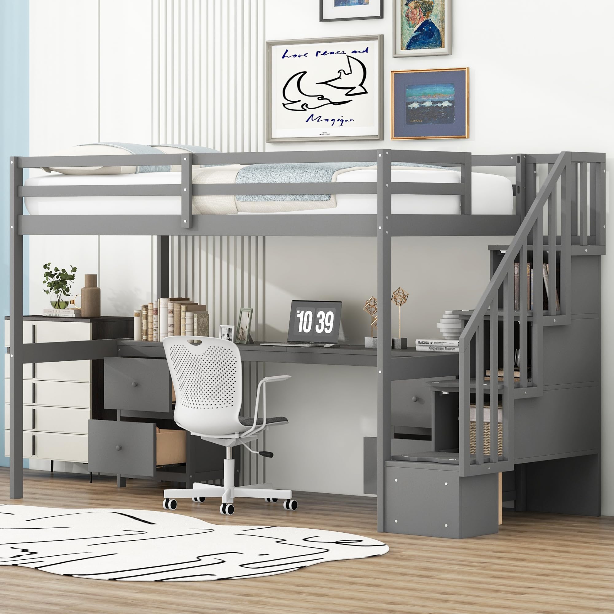 Harper & Bright Designs Twin Size Loft Bed with Storage Stairs and Built-in Desk, Wood Twin Loft Bed with Double Storage Drawers, Space Saving Junior Loft Bed for Kids Girls Boys, Grey