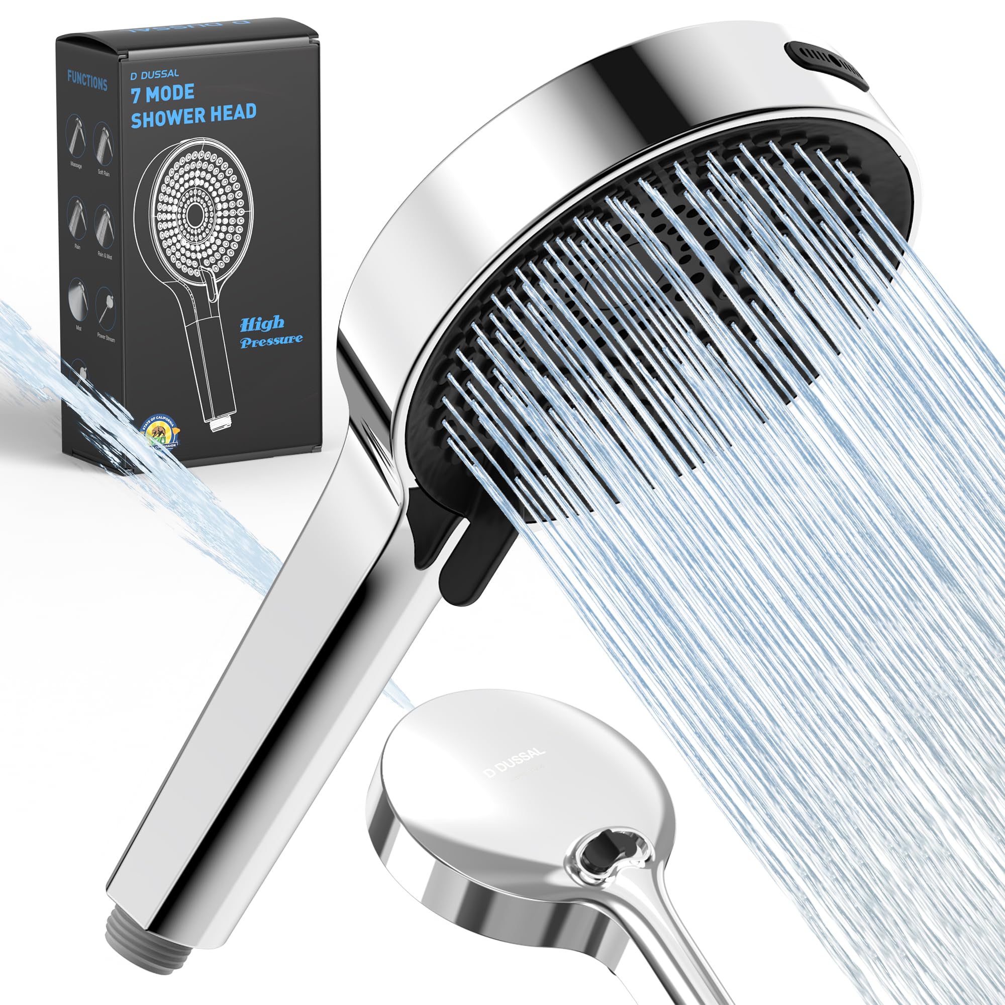 D DUSSAL Handheld Shower Head, High Pressure 7-mode Shower Head, Hand Held Shower Head, 202 Anti-clogging Silicone Nozzles, Built-in Power Wash to Clean Tub, Clean Corner,Tile & Pets - Chrome