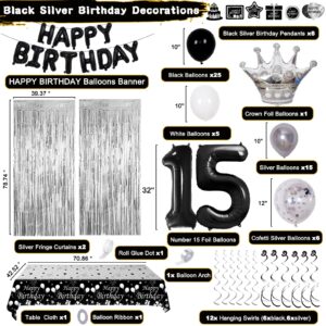 Black and Silver 15th Birthday Decorations for Boys Girls, Black and White 15th Birthday Party Decorations for Boys Girls, Black Silver Happy Birthday Banner Balloons Fringe Curtains Table Cloths