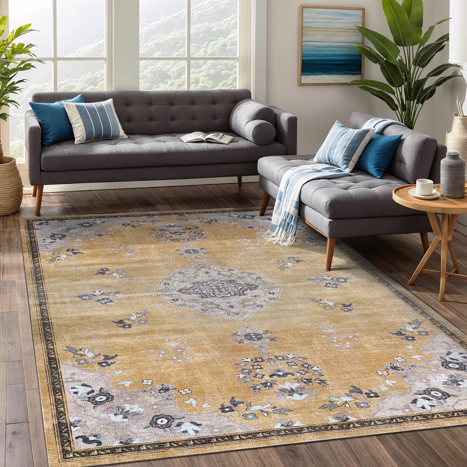 Beverly Rug Non Slip Rugs 8x10 Boho Medallion Floral Non Skid Rubber Backing Easy Silk Soft Area Rug for Living Room Easy to Clean Non Shedding Kitchen Bedroom Indoor Carpet (8 x 10 Yellow - Gray)