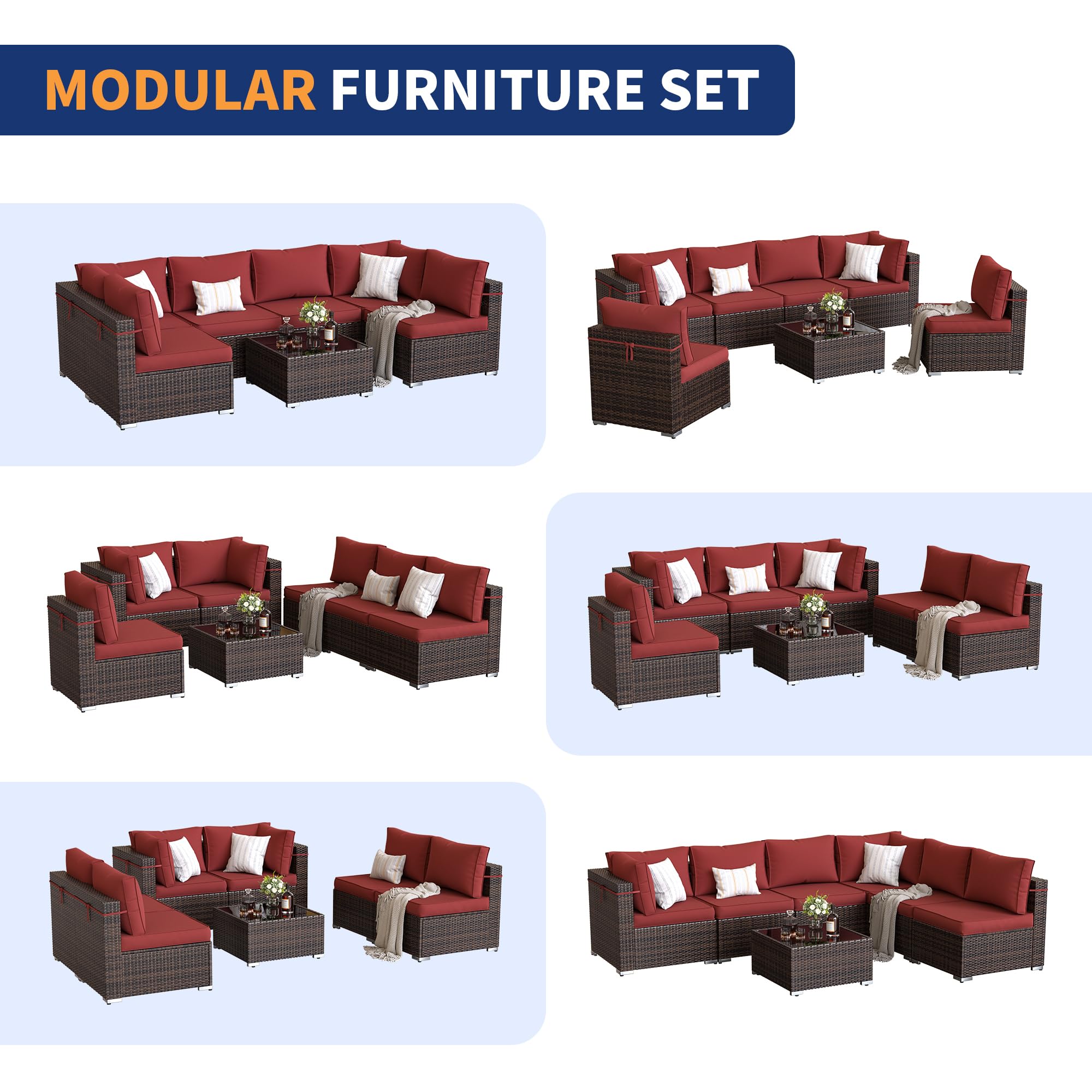 ELPOSUN Patio Furniture Set, Modular 7-Piece Patio Conversation Sets with Coffee Table, All-Weather Wicker Outdoor Sectional for Backyard and Balcony, Wine (Waterproof Covers Included)