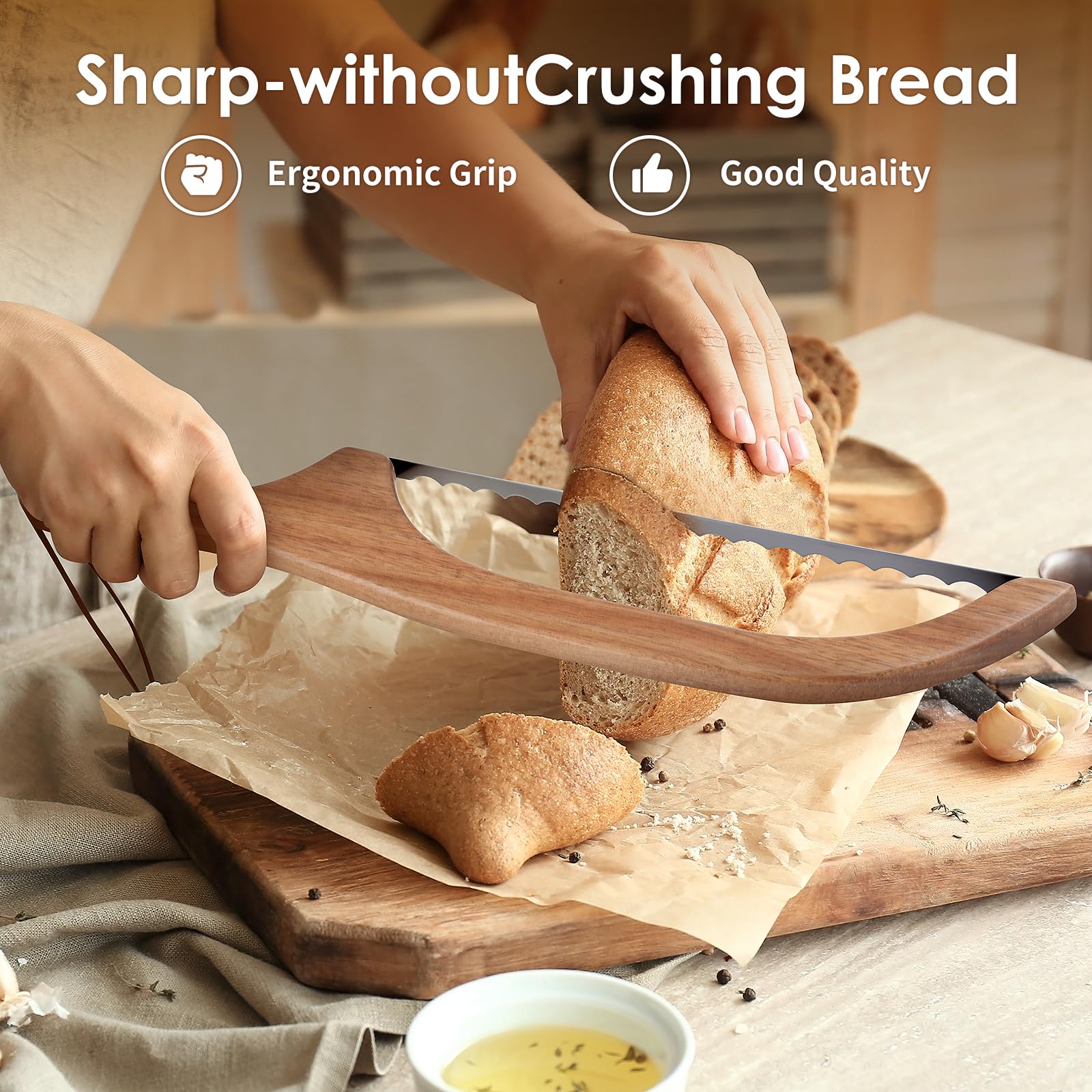 kaiqiber Bread Knife for Homemade Bread,Wooden Bread Bow Knife,suitable for sour bread and homemade bread-Bow shaped design-16 Wooden Serrated Bread SlicerKnife-Premium Stainless Steel