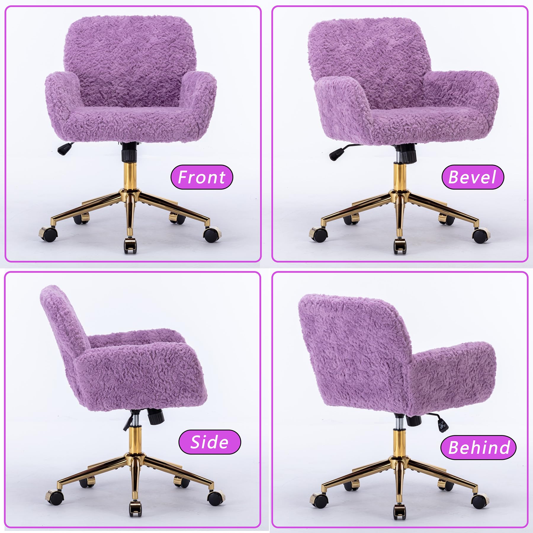 thctvous Purple Vantiy Desk Chair Comfy, Sherpa Makeup Vanity Chair with Back and Rolling Wheels for Bedroom Home Office,Adjustable High Gold Feet,Artificial Rabbit Hair