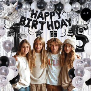 Black and Silver 15th Birthday Decorations for Boys Girls, Black and White 15th Birthday Party Decorations for Boys Girls, Black Silver Happy Birthday Banner Balloons Fringe Curtains Table Cloths