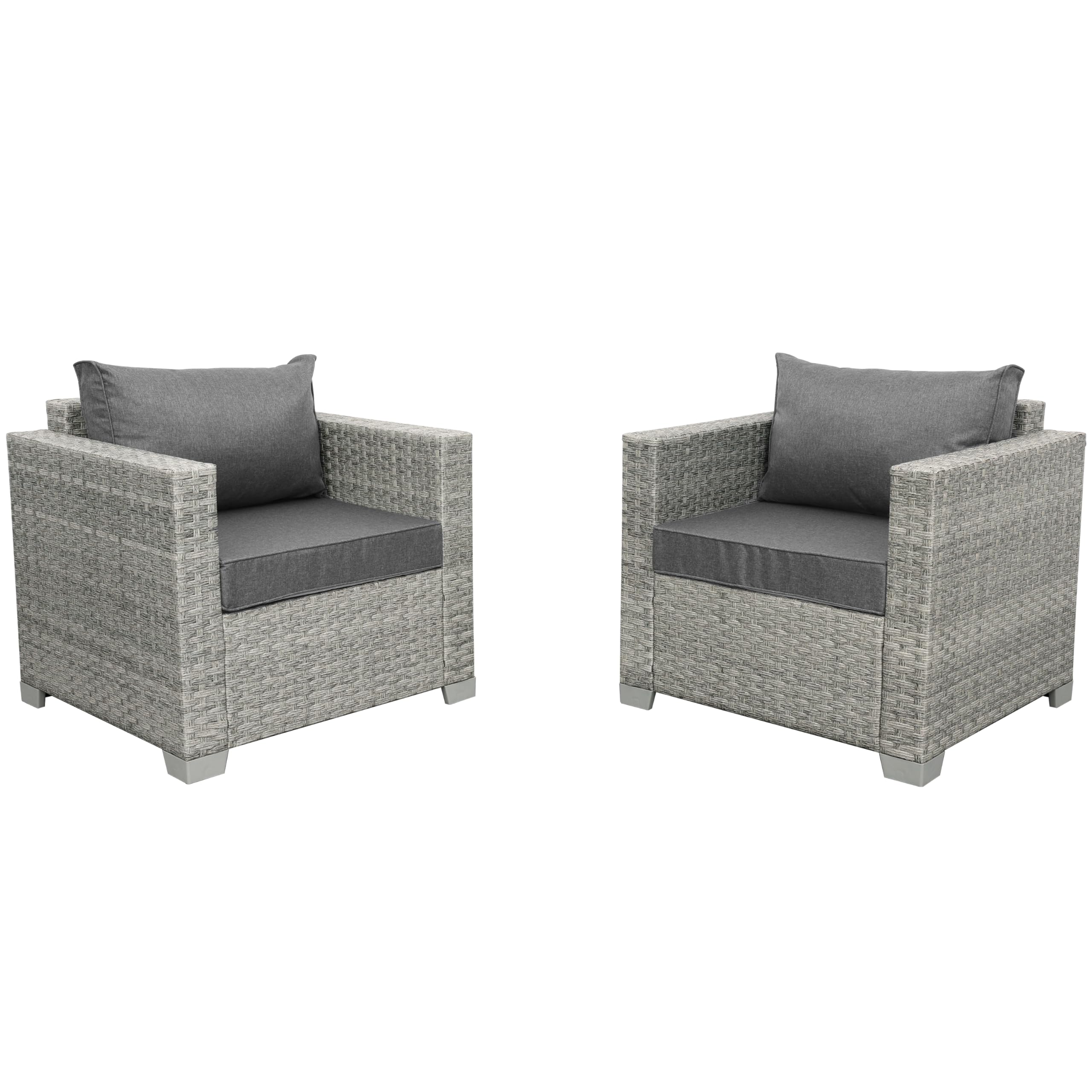 WAROOM Outdoor Sofa Wicker Patio Chairs Set of 2, Porch Single Chair Grey Rattan Deep Seating Armchair Balcony Furniture with Grey Cushion