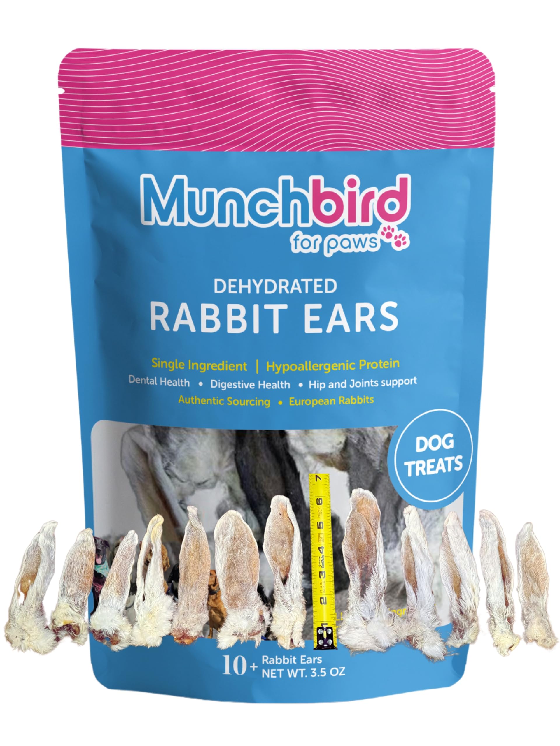 Munchbird Dehydrated Rabbit Ears (3.5 oz, 12-15 Counts) for Dogs & Cats, European Furry Rabbit Ear Natural Fiber for Dogs, Rawhide Free Alternative to Pig Ears for Dogs, Ear Size Varies