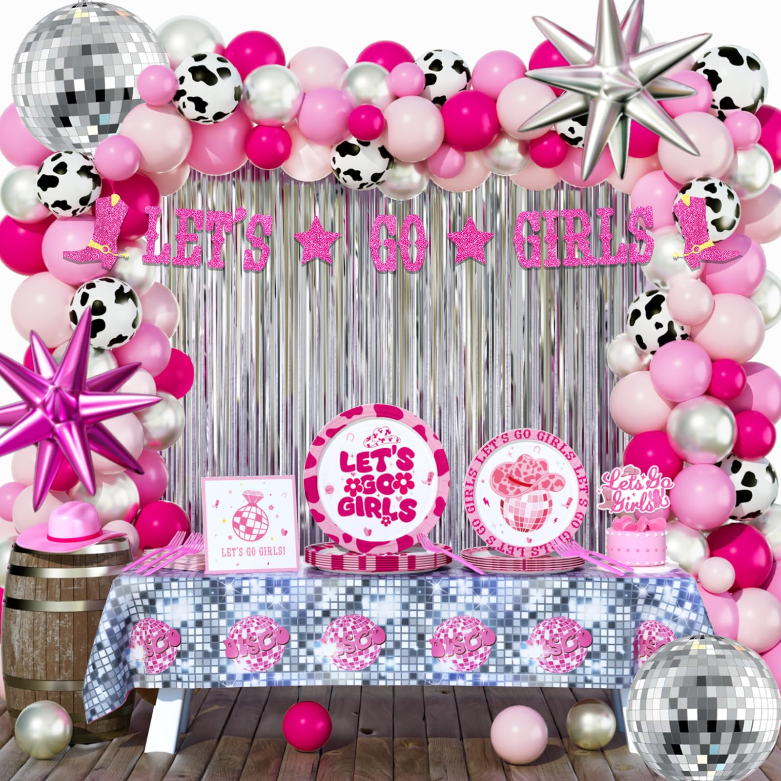 Hombae Cowgirl Bachelorette Party Decorations, Let’s Go Girls Party Supplies, Disco Hot Pink Nashville Cowgirl Bridal Shower, Fringe Curtain Balloon Banner Tablecloth Cake Topper Plates Napkins Forks