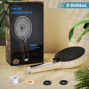 D DUSSAL Handheld Shower Head, High Pressure 7-mode Shower Head, Hand Held Shower Head, 202 Anti-clogging Silicone Nozzles, Built-in Power Wash to Clean Tub, Clean Corner,Tile & Pets - Chrome