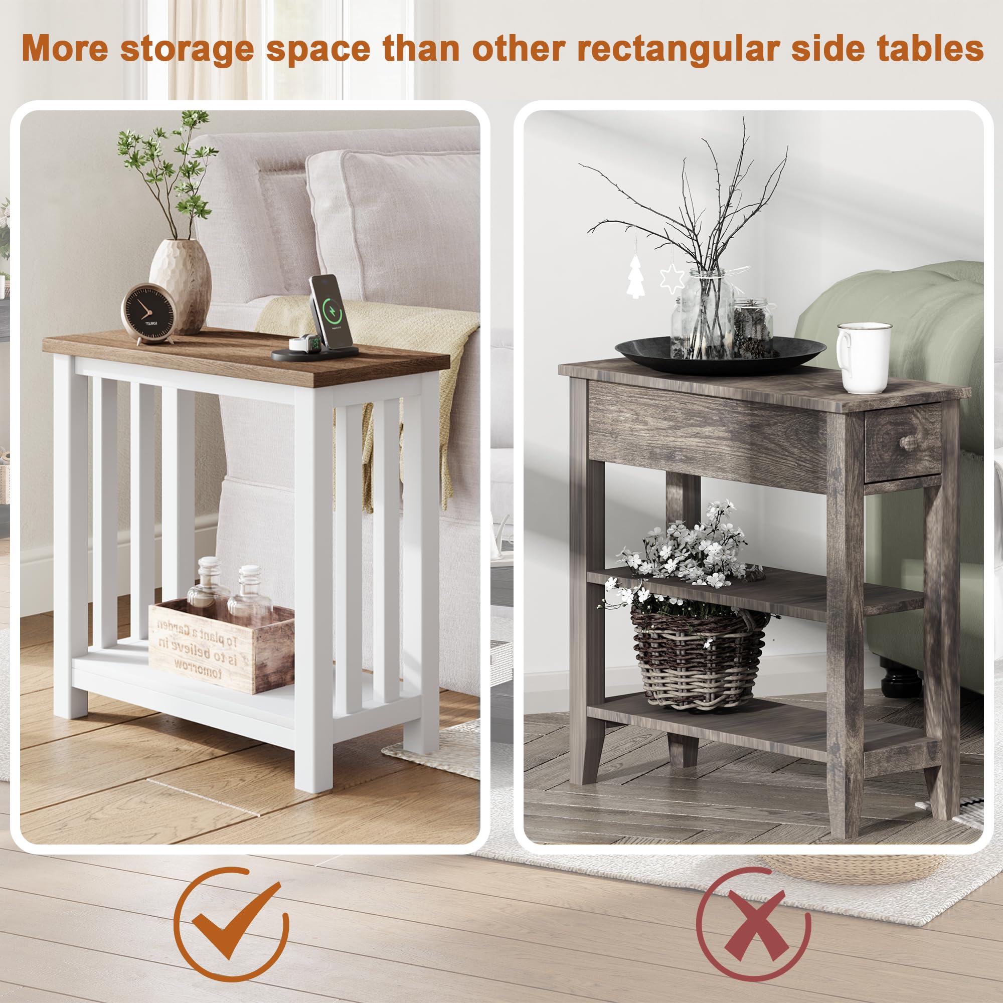 ChooChoo Farmhouse End Tables Set of 2, Narrow Side Tables for Small Spaces, Night Stands with Storage Shelf for Living Room and Bedroom, White and Brown