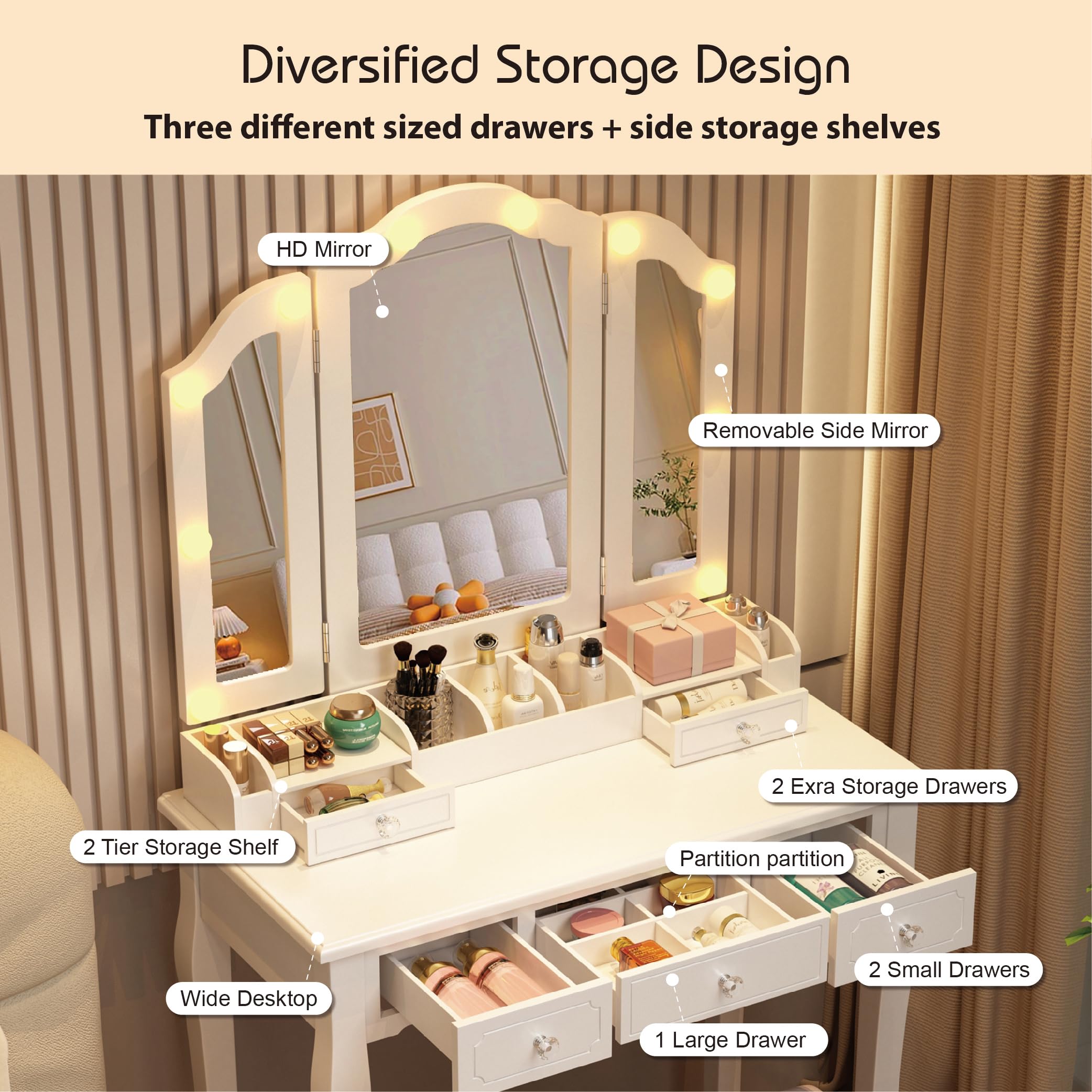 BLEXA White Makeup Vanity Table Set Vanity Desk with Light and Mirror Vanity Table with Drawers and Cushioned Stool Makeup Table with Mirror for Women and Girls(White) ﻿