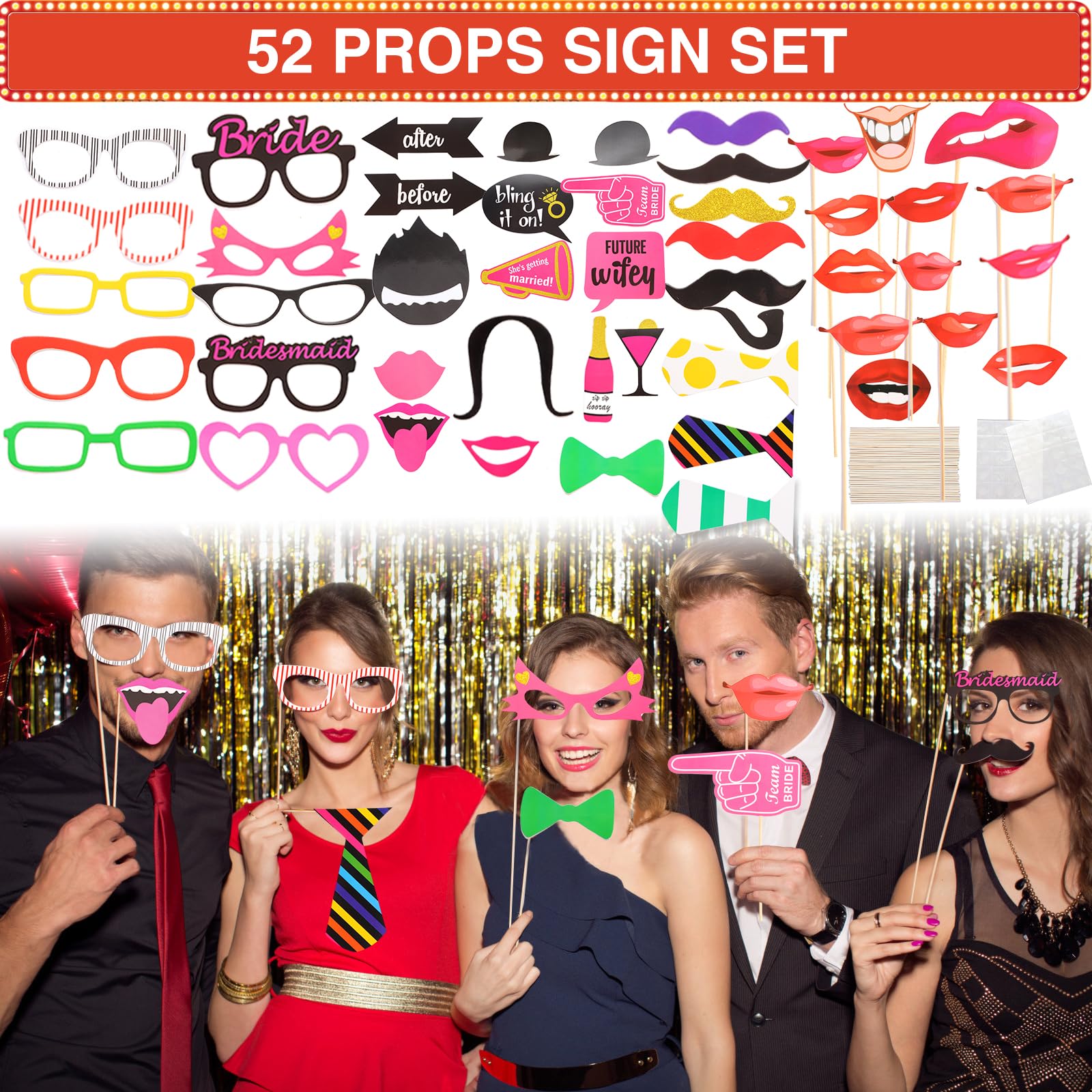 Bulk Opulent Photo Booth Props Set for Adult, Novelty Funny Hats and Glasses, Colorful Wig, Inflatable, Phtot Booth Props Kit for Graduation, Wedding, Birthday, Bachelorette and All Occasions