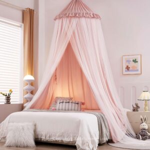 hommi lovvi double layers bed canopy with star lights, 3 pieces layers canopy for girls bed, princess round dome dreamy play tent, hanging kids reading nook mosquito net, machine washable - light pink